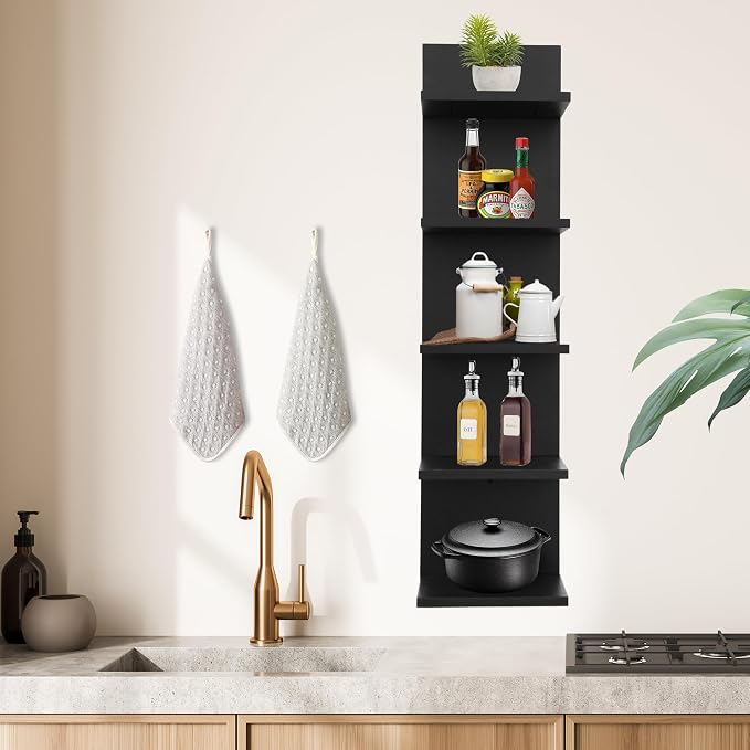5 Tier Wall Shelf Unit,Vertical Column Shelf Floating Storage Home Decor Organizer,Display Floating Shelf for Bedroom, Living Room,Vanity -2 Pcs(Black)