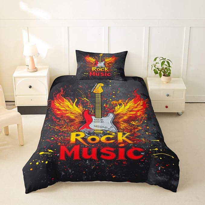 Erosebridal Rock Music Bedding Set Twin for Boys Men - Rock Roll Electric Guitar Duvet Cover Vintage Cool Flame Wings Guitar Comforter Cover,Trendy Punk Music Bed Set
