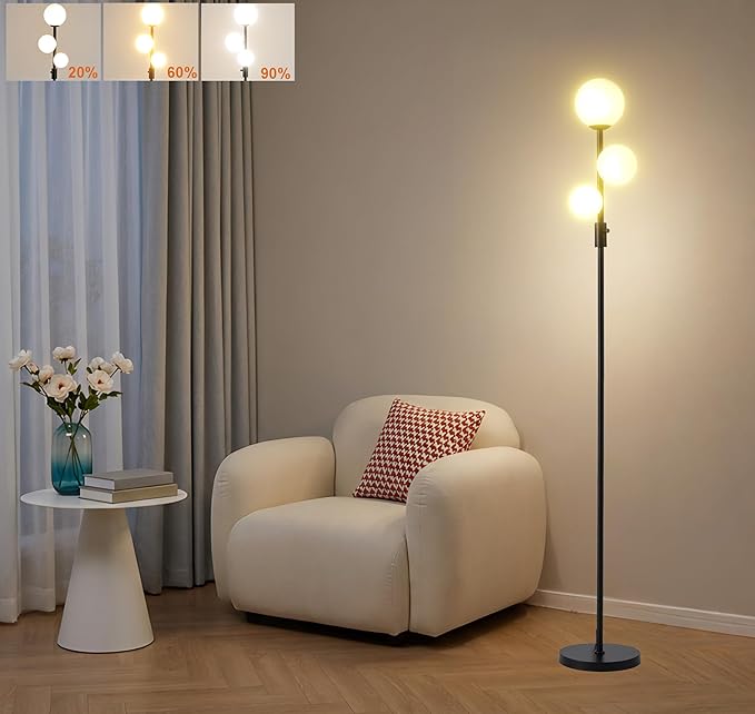 Fiqevs Upgraded Dimmable 3 Globe Mid Century Modern Floor Lamp, 3 x 3000K Warm Light LED Bulbs Included, Matt Black Standing Lamp with Sphere Glass Shade, Vintage Tall Lamp for Living Room, Bedroom
