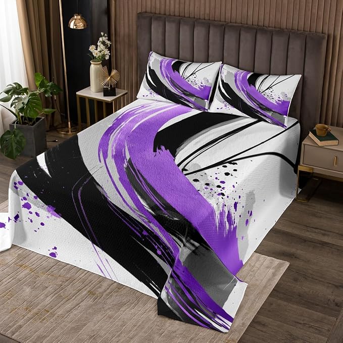 Erosebridal Black and Purple Quilt Set | Geometric Striped Coverlet Set for Girls Modern Contemporary Art Bedspread Sets Boys Adults Boho Minimalist Aesthetic Art Quilts King 3 Pieces