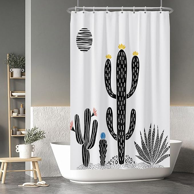 Baocicoo Boho Cactus Shower Curtain Tropical Plants Minimalism Floral Abstract Moon Black and White Shower Curtains for Hotel Home Bathroom Polyester Waterproof Fabric with Hooks 48x72 Inches