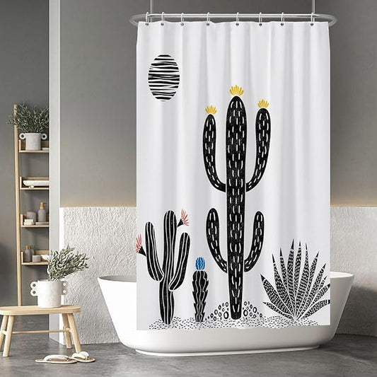 Baocicoo Boho Cactus Shower Curtain Tropical Plants Minimalism Floral Abstract Moon Black and White Shower Curtains for Hotel Home Bathroom Polyester Waterproof Fabric with Hooks 48x72 Inches