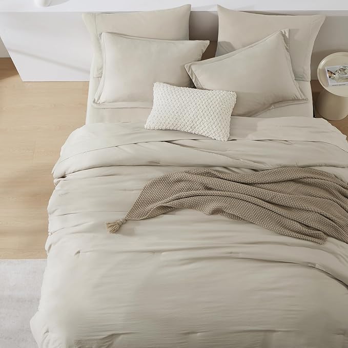 WRENSONGE Oversized Queen Comforter Set - 7 Pieces Light Oatmeal Bed in a Bag Queen with Sheets, 2 Pillow Shams, and 2 Pillowcases- Warm Bedding Sets Queen for All Season