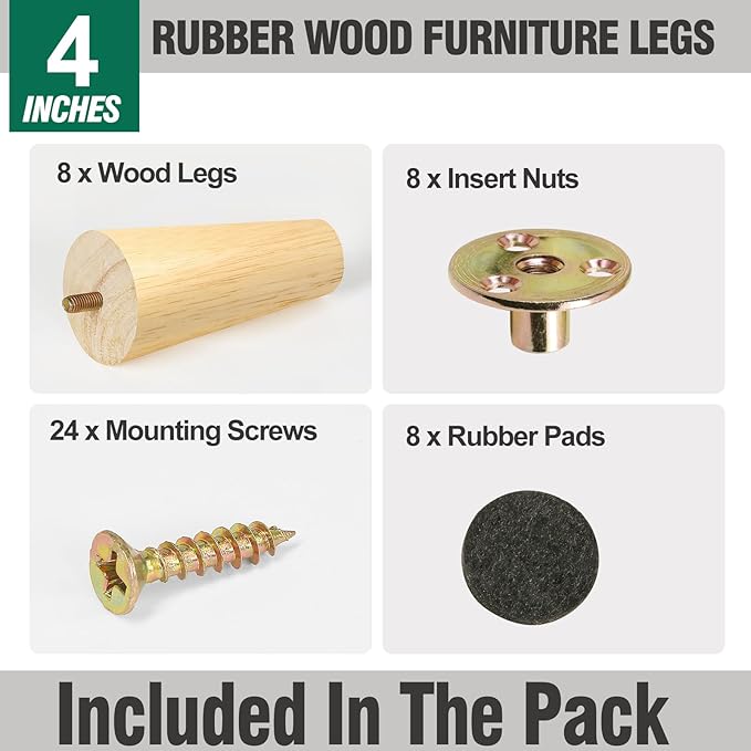 FoDau770 Rubber Wood Furniture Legs 4 Inches, Straight Tapered Wood Feet Mid Century Sofa Legs Set of 8, 5/16" UNC Furniture Feet Replacement Parts for Cabinet Couch Dresser Chair Ottoman Table