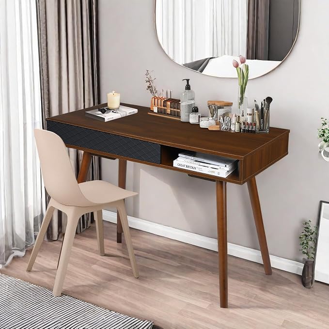 GarveeHome 42 in Mid Century Home Office Writing Desk, Modern Simple Computer Desk with Drawer and Open Storage Cubby, Small Vanity Table Desk for Bedroom, Walnut