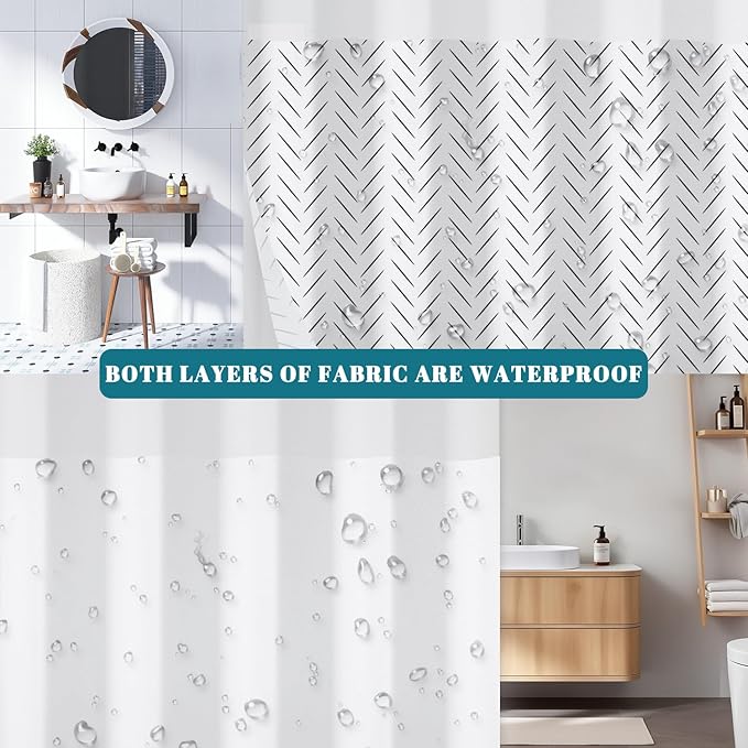 No Hook Shower Curtain with Snap in Liner, Minimalist Black and White Herringbone Geometric Shower Curtains for Modern Neutral Bathroom, Waterproof Bath Curtain with Mesh Top, 71x74 Inch