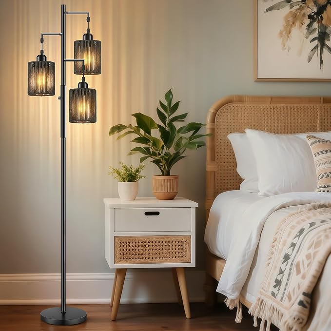 Hotsonic 72" Tall Boho Rattan Style Floor Lamp with Hand-Woven Paper Cord Shade, Dimmable Industrial Tree Standing Lamp for Living Room, Bedroom, Study Room, Office (3 x 800LM Bulbs Included) - Black