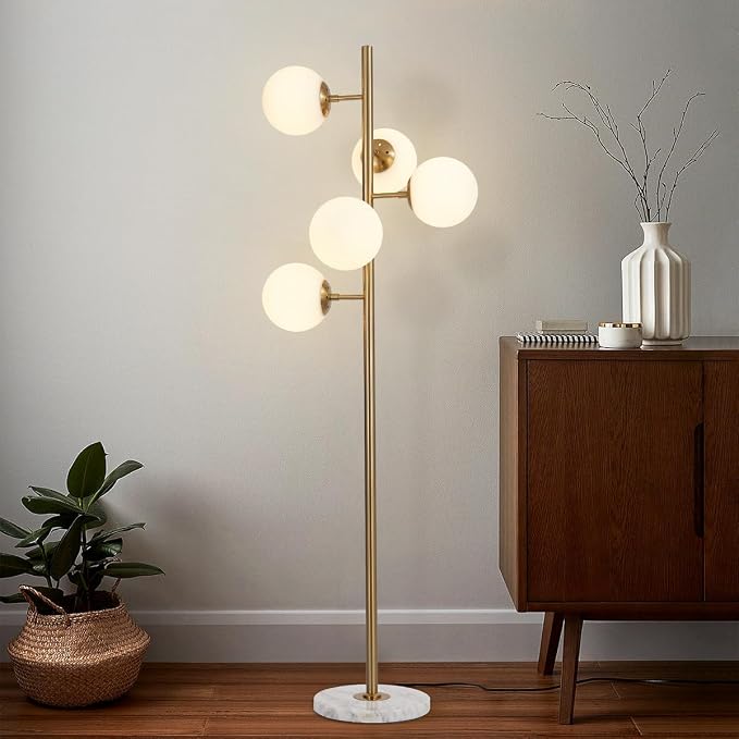 KCO Lighting 5-Light Frosted White Glass Globe Floor Lamp Mid Century Modern Gold Tall Pole Standing Light LED Standing Lamps with Foot Switch for Home Office (Gold)