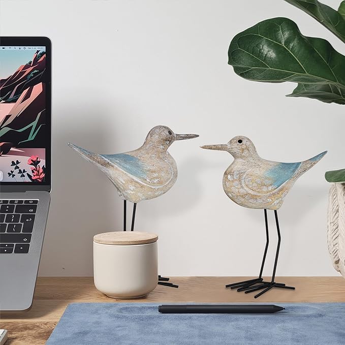 Seagull Statues Coastal Beach Nautical Decor, Wood Sea Bird Sculpture Ornament for Home Room Table Decor (2pcs)