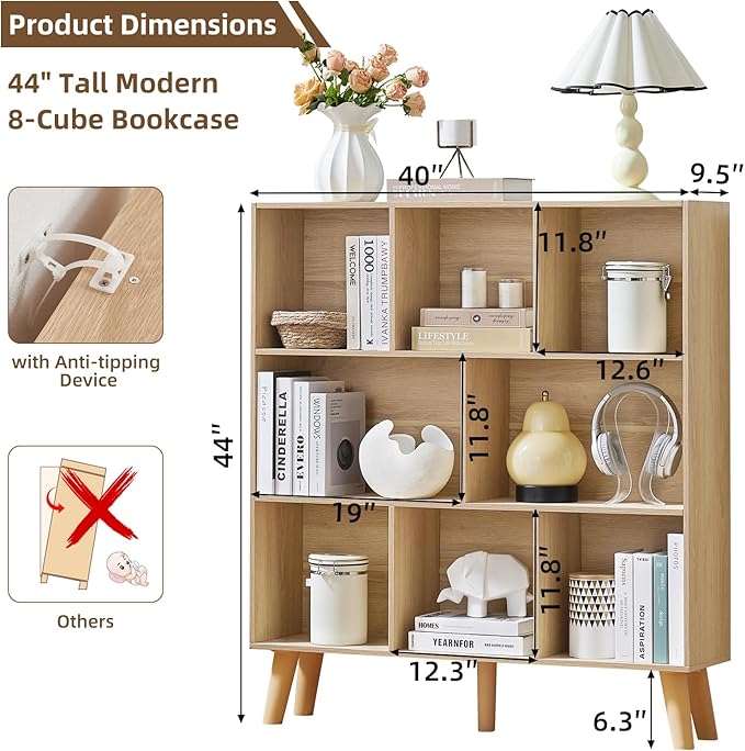 LEYAOYAO 8 Cube Bookshelf,3 Tier Bookcase with Legs,Light Wood Mid-Century Modern Bookshelves,Large Open Storage Organizer Shelf, Wooden Book Case