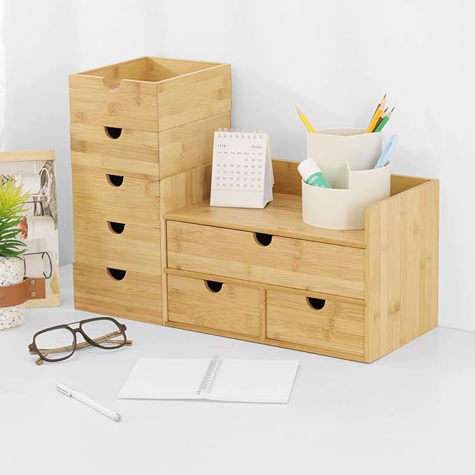 Wisuce Bamboo Desk Organizer, Mini Desktop Drawer Tabletop Storage Organization Box for Office Home Toiletries Supplies Vanity, No Assembly Required (3 Drawer with Shelf)