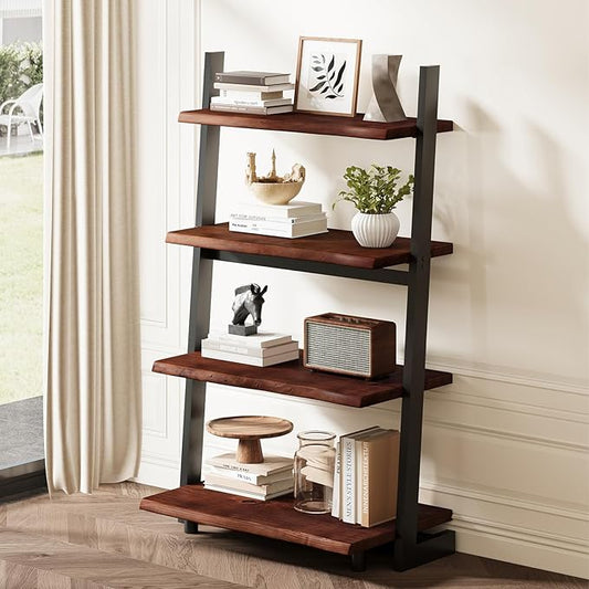 IBF 4-Tier Solid Wood Ladder Bookshelf with Natural Live Edge, Rustic Walnut Storage & Display Leaning Bookcase, Modern Space-Saving Shelf for Living Room, Bedroom, Home Office