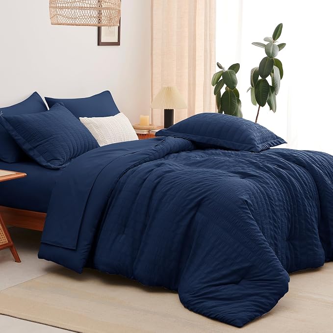 CozyLux Twin XL Comforter Set for College Dorm, 5 Pieces Navy Blue Seersucker Twin Extra Long Bed in a Bag, Down Alternative Bedding Set with Comforter, Sheets, Pillowcase & Sham, Back to School Gift