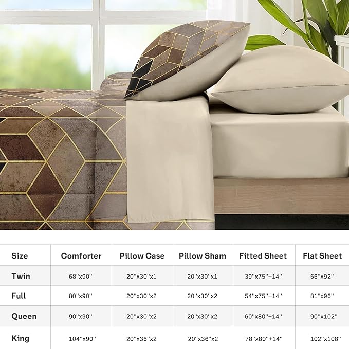 Nesker Comforter Set Twin Size, Black Golden Gradient Cubic 5 Pcs Bedding for Kids and Adults, Brown Modern Geometric Bed Sheet Sets with Fitted Sheet Pillowcase & Sham