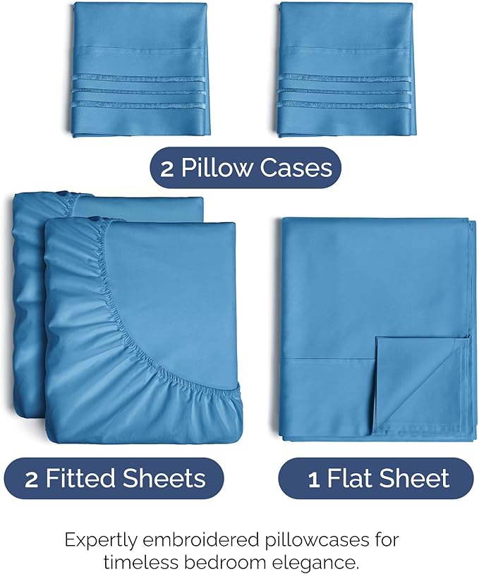 Split King Size 5 Piece Sheet Set - Comfy Breathable & Cooling Sheets - Hotel Luxury Bed Sheets for Women & Men - Deep Pockets, Easy-Fit, Soft & Wrinkle Free Sheets - Denim Blue Oeko-Tex Bed Sheet Set