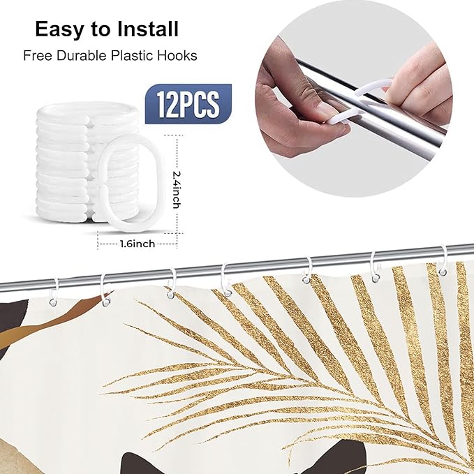 Yookeb Abstract Mid Century Bathroom Shower Curtain 60W by 71H Inch Cat Vintage Minimalist Plant Monstera Brown Aesthetic Polyester Fabric 12 Plastic Hooks Waterproof Decor
