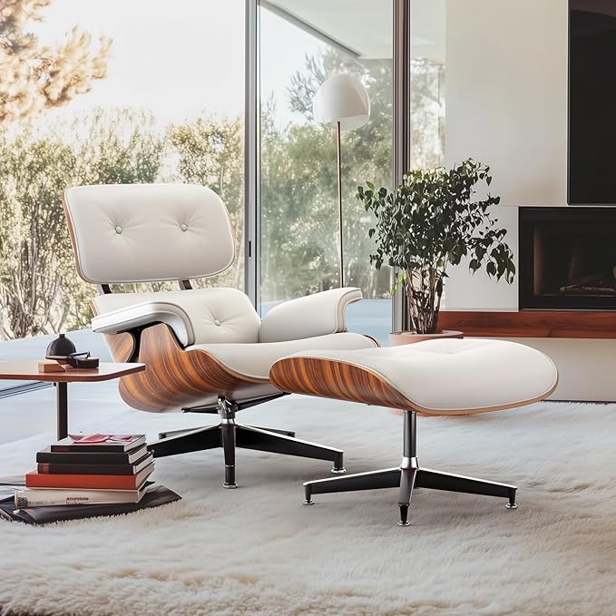 Top White PU Leather, Mid Century Chaise Lounge Chair and Ottoman, Modern Chair Classic Design, Palisander Wood, Heavy Duty Base Support for Living Room Office
