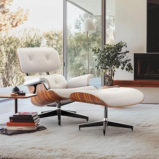 Top White PU Leather, Mid Century Chaise Lounge Chair and Ottoman, Modern Chair Classic Design, Palisander Wood, Heavy Duty Base Support for Living Room Office