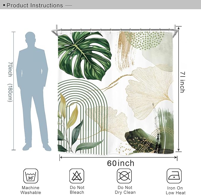 Miyotaa Abstract Ginkgo Olive Green Shower Curtain Set 60Wx71H Inches Minimalist Aesthetic Modern Contemporary Plant Leaves Polyester Waterproof Cloth Bathroom Curtain with 12 Hooks