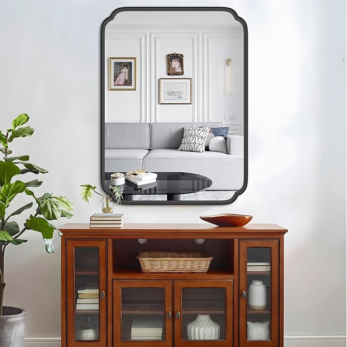 White 30"x48" Bathroom Mirror for Wall, Large Bathroom Vanity Mirror, Rounded Rectangle Mirror in Wooden Frame Hangs Horizontal Or Vertical