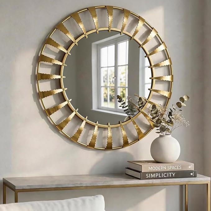 Gold Sunburst Round Wall Mirror 32", Decorative Circle Metal Frame Mirror,Large Decorative Circular Wall Mirror for Entryway or Bedroom