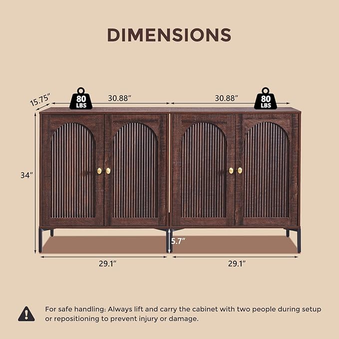 Modern Buffet Cabinet with Storage, 61.75" W Fluted Arched Sideboard Cabinet w/Adjustable Shelves, Wooden Modular Coffee Bar for Dining Room, Kitchen, Living Room, Entryway, Brown
