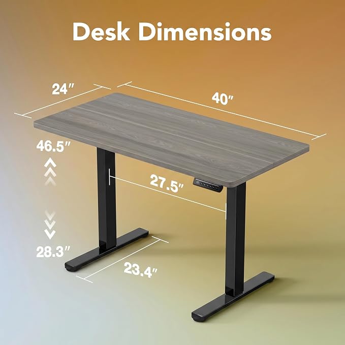 HUANUO Electric Standing Desk, 40 x 24 Inch Height Adjustable Computer Desk with Storage Bag, 4 Height Memory Settings, Sit Stand Up Desk for Home Office, Grey