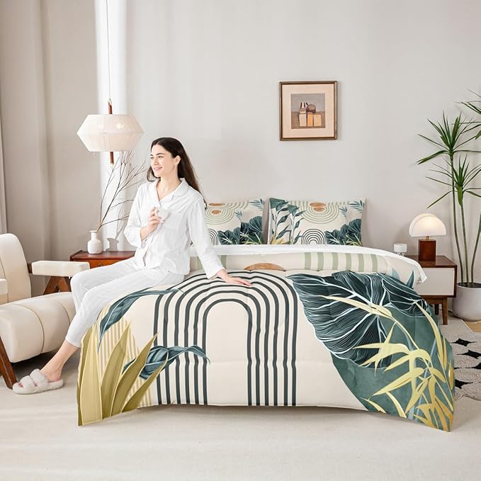 Erosebridal Mid Century Modern Twin Comforter Set with Sheets 7 Piece Boho Tropical Leaves Palm Leaf Bed in A Bag Retro Line Art Bedding Sets for Women Men Abstract Sun Aesthetic Arch Curve Bed Set