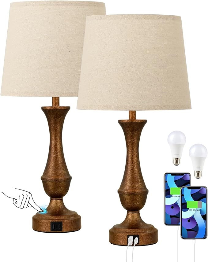 Seealle Upgraded Touch Lamps for Night Stands Set of 2 - Bedside Lamps with USB C+A, 3 Way Dimmable for Bedroom Living Room End Tables Office (Brown&Oat)