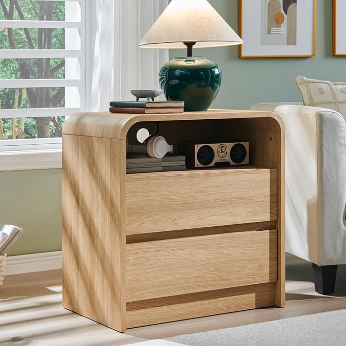 25" Tall Modern Nightstand with Charging Station, 23.6'' Wide Wood Bedside Table w/2 Storage Drawers, Large Mid Century End Table for Bedroom, Living Room, Curved Profile Design,Natural Oak