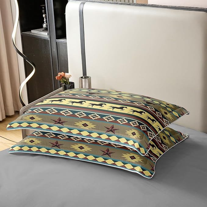 100% Cotton Horse Duvet Cover King Texas Star Bedding Set Aztec American Southwestern Bull Skull Comforter Cover Green Blue Abstract Geometric Native Tribal Room Decor Quilt Cover for Teens