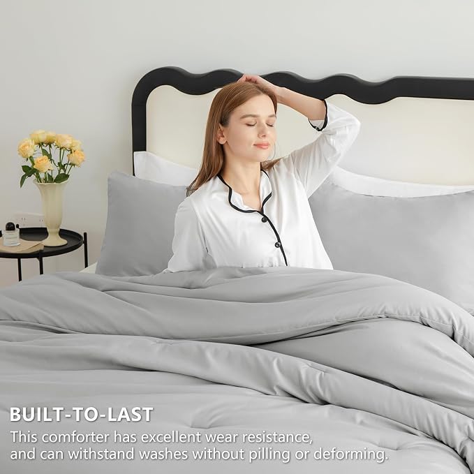 CozyLux King Size Comforter Set Light Grey, 3 Pieces Lightweight Down Alternative Quilted Bedding Sets, Gray All Season Soft Breathable Solid Comforter with 2 Pillowcases, Luxury Bed Set Gift for Home