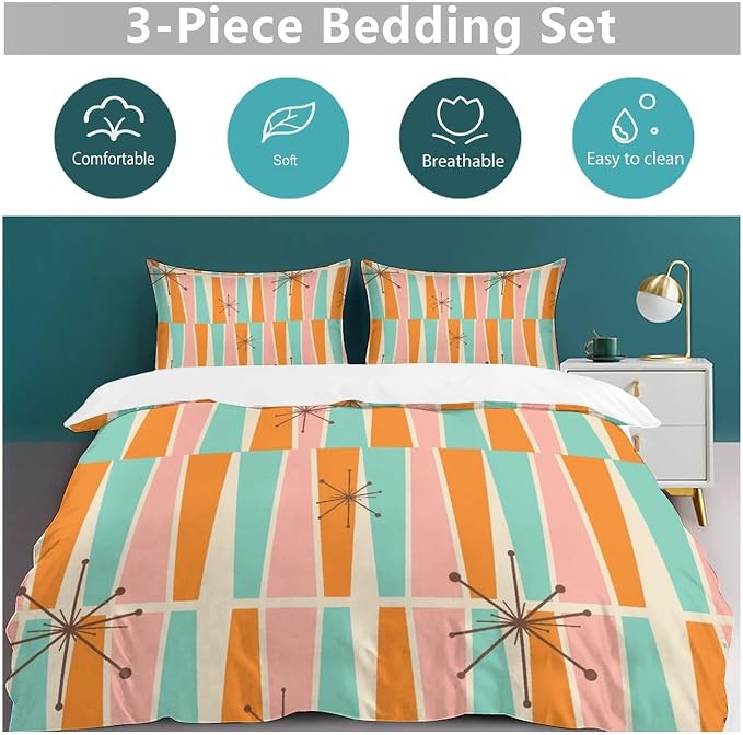 Modern Mid Century Duvet Cover Queen Retro Atomic Bedding Set, Rainbow Grid Comforter Cover Vintage Fifties 1950s Bed Set，Abstract Art Bedding 3 Piece (1 Duvet Cover 90"x90" + 2 Pillow Sham 20"x30")