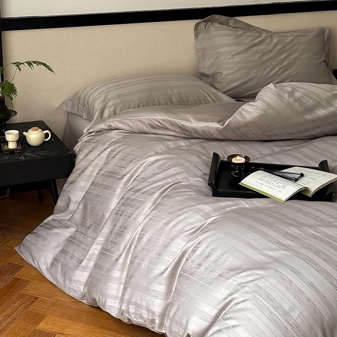 100% Cotton Duvet Cover King Size, Soft Grey Striped Duvet Cover Set for All Season, Luxury Hotel-Style - 1 Duvet Cover 104x90 Inches with Zipper Closure, 2 Pillowcases