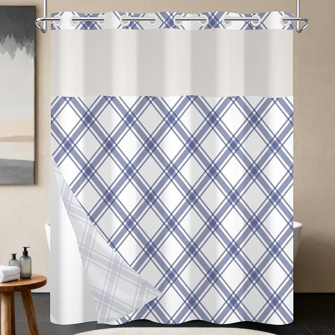 No Hook Plaid Shower Curtain with Snap in Liner - Purple & White Checkered Design, Waterproof Fabric Hotel Shower Curtains for Bathroom with See Through Mesh Top Window, 71x74 Inch