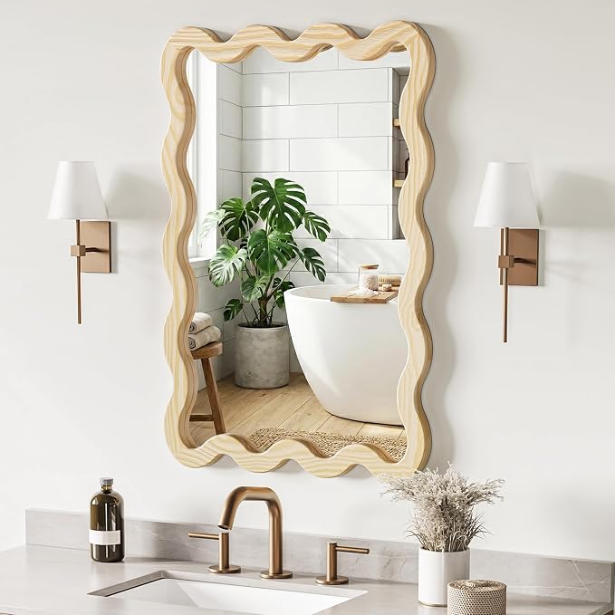 22"x30" Wood Wavy Wall Mirror for Powder Room, Solid Wood Squiggle Mirror for Vanity, Small Asymmetrical Irregular Mirror, Natural Wooden Boho Aesthetic Decor