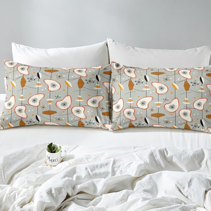 Erosebridal Grey Old Fashion Comforter Cover Abstract Atomic Bed Set, Brown Red White Aestheitc Duvet Cover King Size Boho Mid Century Bedding Sets, Minimalism Lines Bedspread Cover 3 Pieces