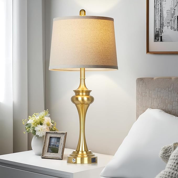 Rinweey 30" Gold Tall Table Lamps for Living Room, Touch Control Modern Bedroom Table Lamp with USB A+C Ports, 3-Way Bedside Lamps Set of 2, Elegant Metal Lamp for Night Stand Desk Side Table Office