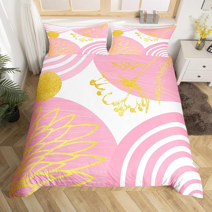 Erosebridal Mid Century Modern Duvet Cover King Size for Kids Girls Teens - Pink and White Abstract Comforter Cover Boho Minimalist Aesthetic Bedding Set Chic Modern Geometric Bohemian Floral Bed Set