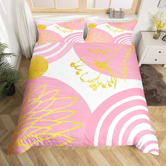Erosebridal Mid Century Modern Duvet Cover King Size for Kids Girls Teens - Pink and White Abstract Comforter Cover Boho Minimalist Aesthetic Bedding Set Chic Modern Geometric Bohemian Floral Bed Set
