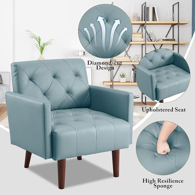 Faux Leather Accent Chair Modern PU Armchair, Retro Tufted Upholstered Arm Chair, Comfy Leather Club Chair Single Sofa for Living Room, Bedroom, Reading Room, Apartment (Blue)
