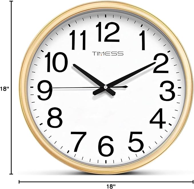 Wall Clock, 18 Inch Large Dial Non-Ticking Silent Battery Operated Quality Analog, Ultra-Quiet Movement Quartz, Timeless Stylish Clock, Ideal Modern Home, Office Décor (Gold)