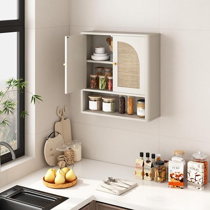 RUSTOWN Rattan Bathroom Wall Cabinet, Over The Toilet Storage Cabinets with 2 Arched Doors, Modern Medicine Cabinet with Adjustable Shelf & Rounded Edges, Mid-Century Bathroom Organization