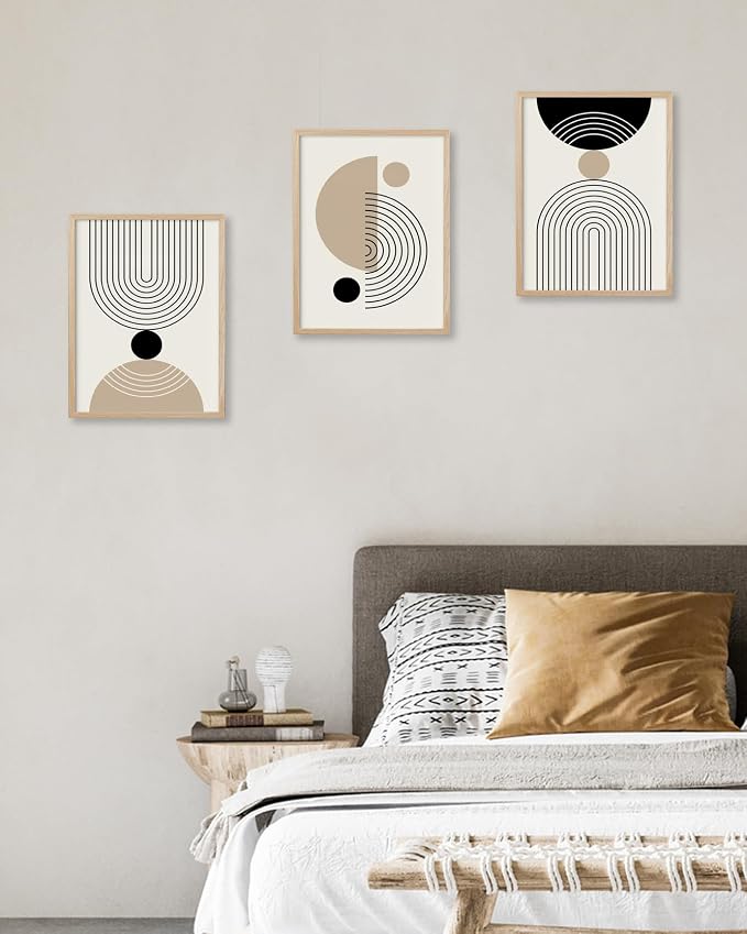 HesenDot Unframed Abstract Geometric Line Wall Art Set of 3, 12x16in Boho Mid Century Canvas Prints, Modern Arch Posters, Neutral Minimalist Wall Decor for Living Room Bedroom Bathroom Study, Unframed