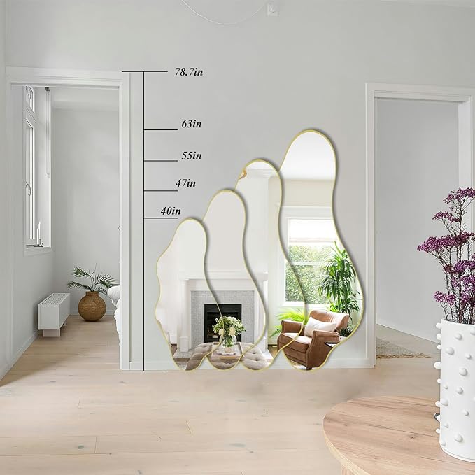 Irregular Mirror, 40"x18" Asymmetrical Wall Mirrors with Gold Metal Frame, Odd Shaped Mirror Decorative, Modern Abstract Mirrors for Living Room Bathroom Bedroom Hallway Entryway Fireplace