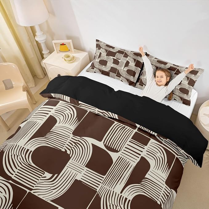 Erosebridal Bohemian Geometric Full Bedding Set for Boys Mid Century Abstract Comforter Cover for Kids Teens Adult Brown Boho Ethnic Duvet Cover Modern Abstract Striped Bed Sets with 2 Pillow Cases
