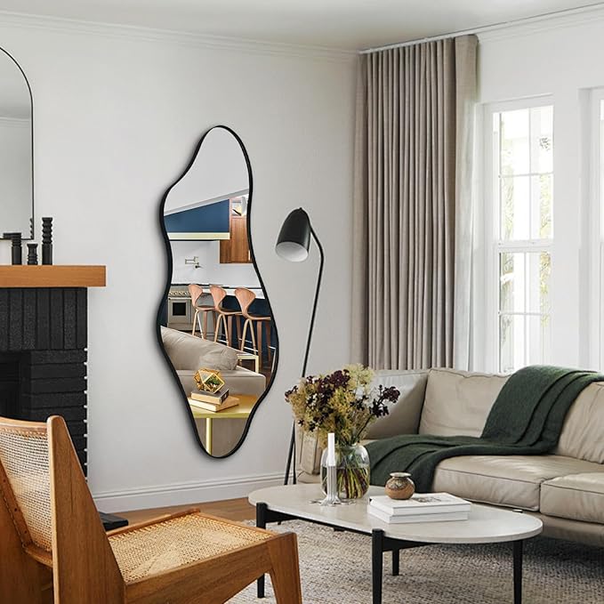 Large Irregular Mirror, 55"x25.6" Asymmetrical Wall Mirrors with Metal Frame, Odd Shaped Mirror Decorative, Modern Abstract Mirrors for Living Room Bathroom Bedroom Hallway Entryway