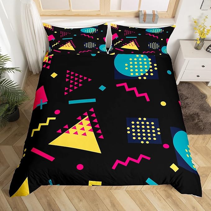 Memphis Duvet Cover Set Twin Size, Retro 80s 90s Geometric Fashion Style Bedding Set for Kids Boys, Triangle Circle Vintage Comforter Cover Soft Polyester Quilt Cover with 1 Pillowcase,No Comforter