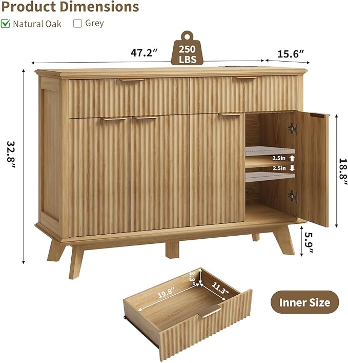 QUW Fluted Buffet Sideboard Cabinet with Storage, 47.2" Kitchen Cabinet with Drawers and Adjustable Shelves, Modern Coffee Bar with Charging Station, for Dining Room, Living Room, Natural Oak