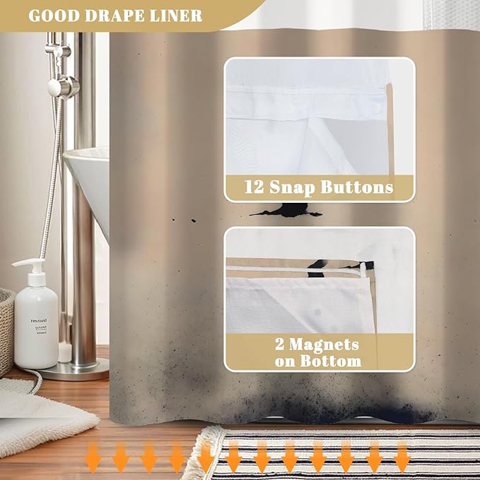 No Hook Shower Curtain with Snap in Liner - Ink Wash Art Flying Bird Crane Print, Waterproof Fabric Bath Curtain with See Through Top for Modern Zen Japanese Bathroom Decor, 71x74 Inch